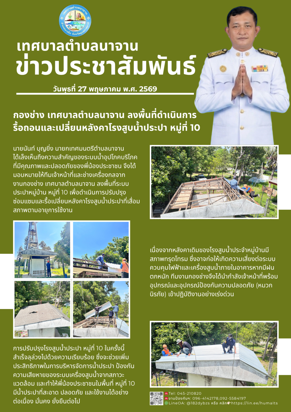 กองช่าง เทศบาลตำบลนาจาน ลงพื้นที่ดำเนินการรื้อถอนและเปลี่ยนหลังคาโรงสูบน้ำประปา หมู่ที่ 10 เพื่อความมั่นคงปลอดภัยของระบบสาธารณูปโภคหมู่บ้าน