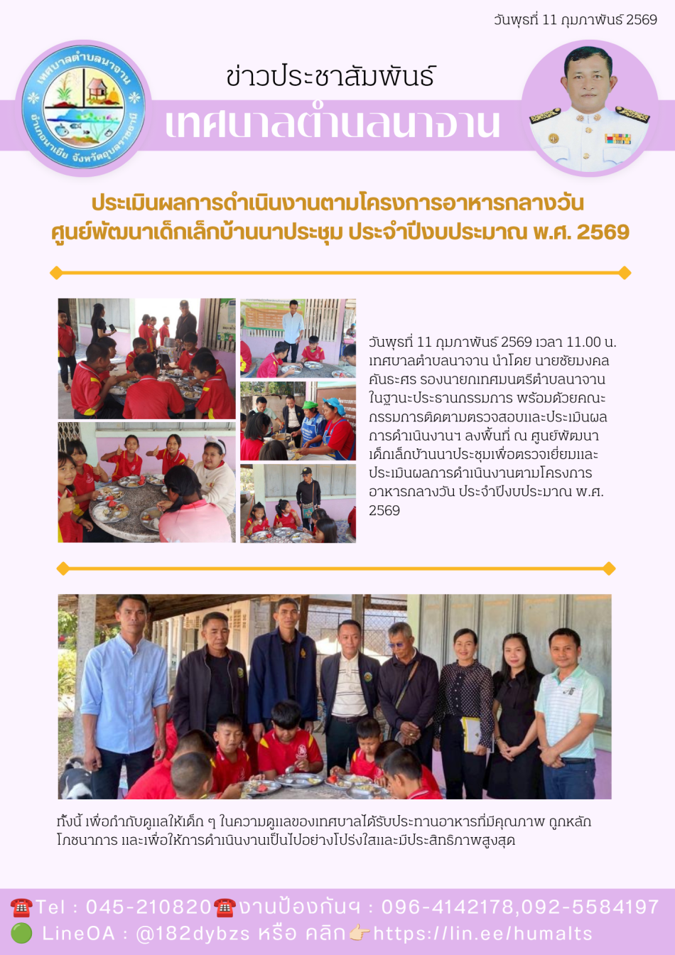 ประเมินผลการดำเนินงานตามโครงการอาหารกลางวัน ศูนย์พัฒนาเด็กเล็กบ้านนาประชุม ประจำปีงบประมาณ พ.ศ. 2569 