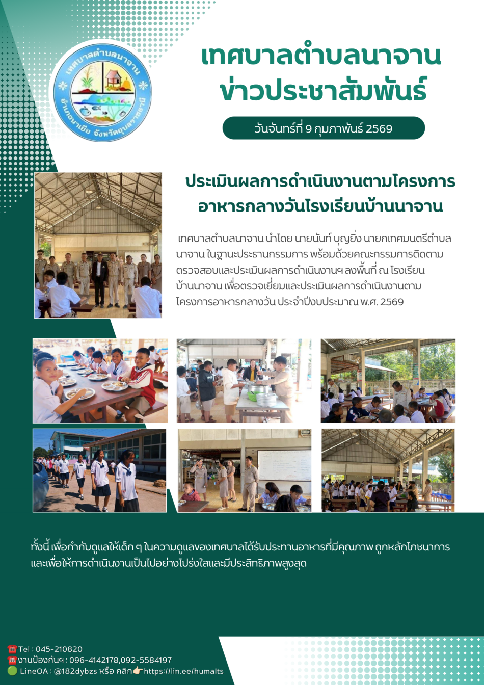 ประเมินผลการดำเนินงานตามโครงการอาหารกลางวันโรงเรียนบ้านนาจาน ประจำปีงบประมาณ พ.ศ. 2569 